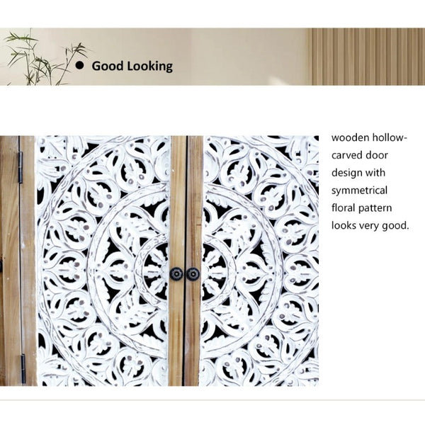 English Elm 4-Door Carved Grille Fir Wood Cabinet Slim Distressed Finish for Entryway or Dining W2295P511176
