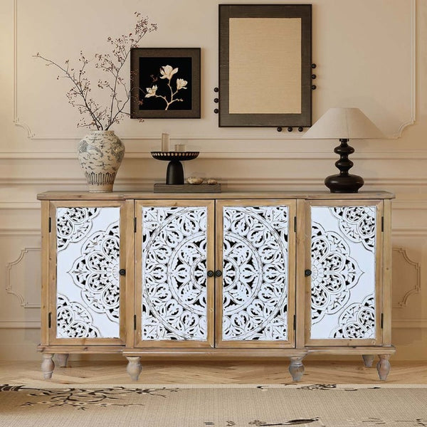 English Elm 4-Door Carved Grille Fir Wood Cabinet Slim Distressed Finish for Entryway or Dining W2295P511176