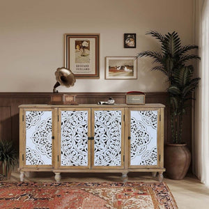 English Elm 4-Door Carved Grille Fir Wood Cabinet Slim Distressed Finish for Entryway or Dining W2295P511176