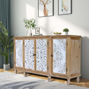 English Elm 4-Door Carved Grille Fir Wood Cabinet Slim Distressed Finish for Entryway or Dining W2295P511176