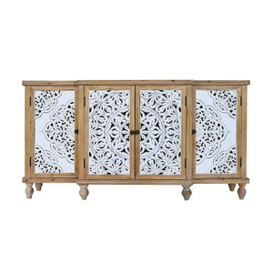 English Elm 4-Door Carved Grille Fir Wood Cabinet Slim Distressed Finish for Entryway or Dining W2295P511176