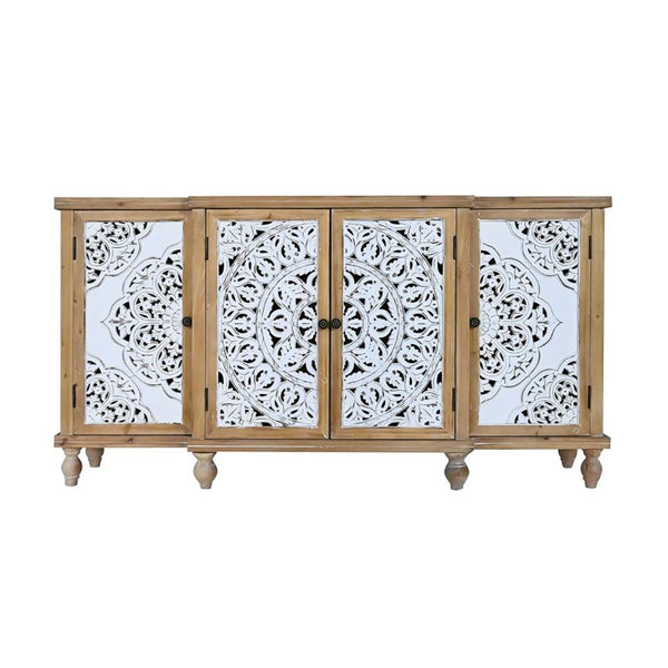 English Elm 4-Door Carved Grille Fir Wood Cabinet Slim Distressed Finish for Entryway or Dining W2295P511176