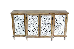 English Elm 4-Door Carved Grille Fir Wood Cabinet Slim Distressed Finish for Entryway or Dining W2295P511176