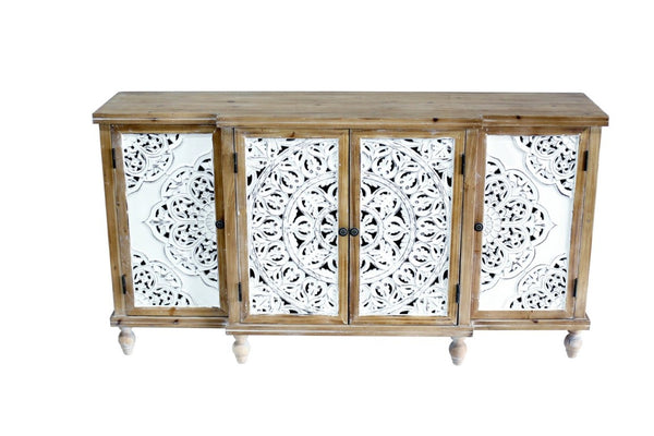English Elm 4-Door Carved Grille Fir Wood Cabinet Slim Distressed Finish for Entryway or Dining W2295P511176