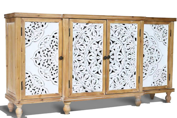 English Elm 4-Door Carved Grille Fir Wood Cabinet Slim Distressed Finish for Entryway or Dining W2295P511176