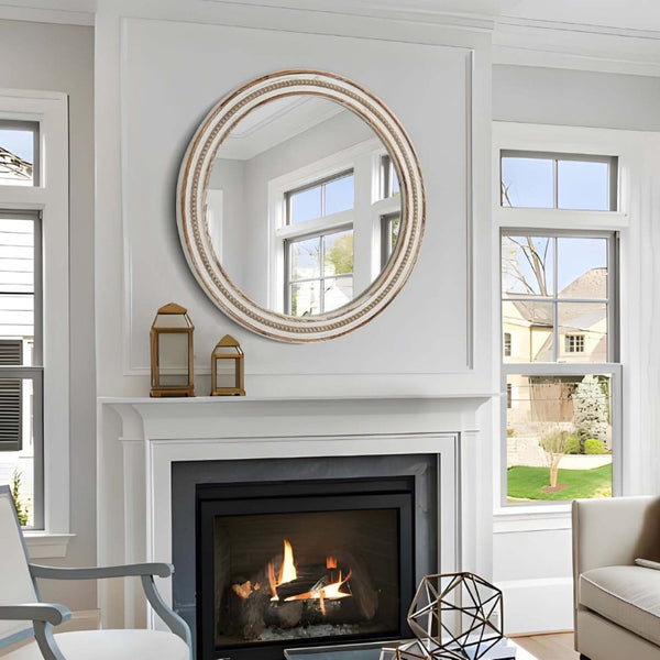 English Elm 27.56 Inch Round Wood Beaded Frame Wall Mirror Rustic Farmhouse Accent for Any Room Antique Natural W2295P517392