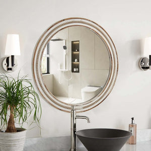 English Elm 27.56 Inch Round Wood Beaded Frame Wall Mirror Rustic Farmhouse Accent for Any Room Antique Natural W2295P517392