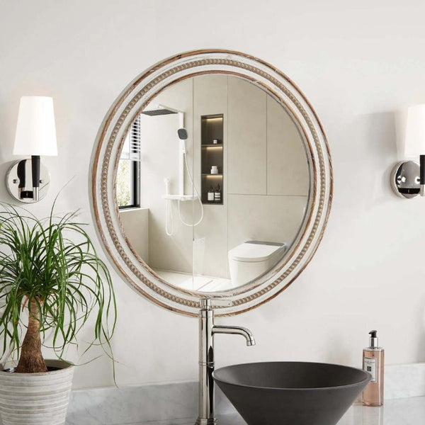 English Elm 27.56 Inch Round Wood Beaded Frame Wall Mirror Rustic Farmhouse Accent for Any Room Antique Natural W2295P517392