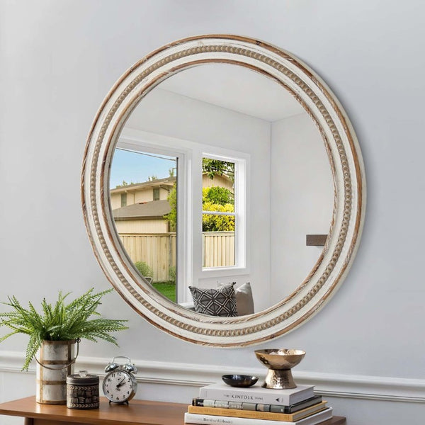 English Elm 27.56 Inch Round Wood Beaded Frame Wall Mirror Rustic Farmhouse Accent for Any Room Antique Natural W2295P517392