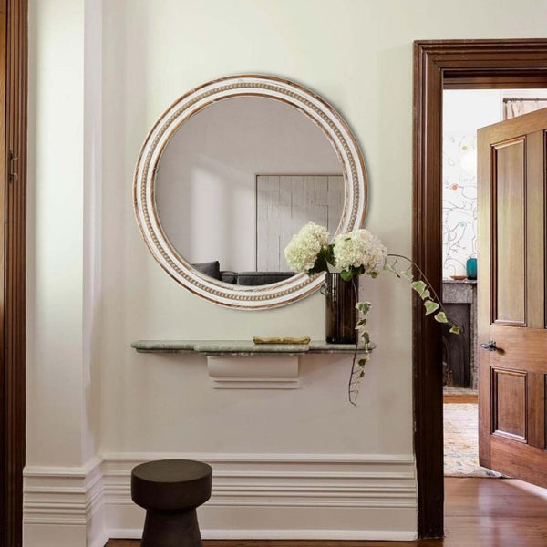 English Elm 27.56 Inch Round Wood Beaded Frame Wall Mirror Rustic Farmhouse Accent for Any Room Antique Natural W2295P517392