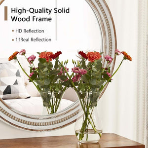 English Elm 27.56 Inch Round Wood Beaded Frame Wall Mirror Rustic Farmhouse Accent for Any Room Antique Natural W2295P517392