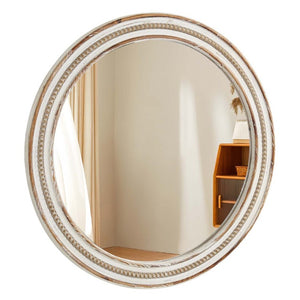 English Elm 27.56 Inch Round Wood Beaded Frame Wall Mirror Rustic Farmhouse Accent for Any Room Antique Natural W2295P517392