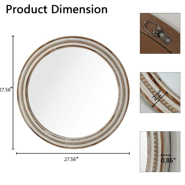 English Elm 27.56 Inch Round Wood Beaded Frame Wall Mirror Rustic Farmhouse Accent for Any Room Antique Natural W2295P517392