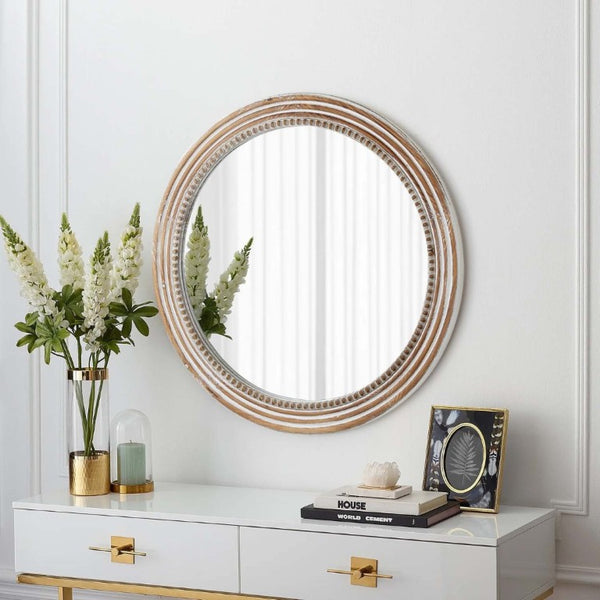 English Elm 27.56 Inch Round Wood Beaded Frame Wall Mirror Rustic Farmhouse Accent for Any Room Antique White W2295P517403