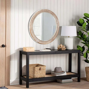 English Elm 27.56 Inch Round Wood Beaded Frame Wall Mirror Rustic Farmhouse Accent for Any Room Antique White W2295P517403