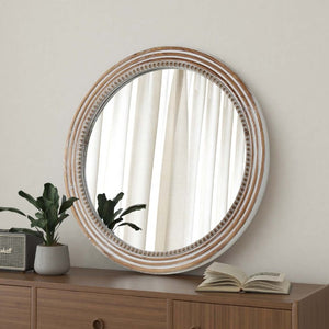 English Elm 27.56 Inch Round Wood Beaded Frame Wall Mirror Rustic Farmhouse Accent for Any Room Antique White W2295P517403