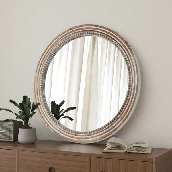 English Elm 27.56 Inch Round Wood Beaded Frame Wall Mirror Rustic Farmhouse Accent for Any Room Antique White W2295P517403