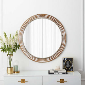 English Elm 27.56 Inch Round Wood Beaded Frame Wall Mirror Rustic Farmhouse Accent for Any Room Antique White W2295P517403