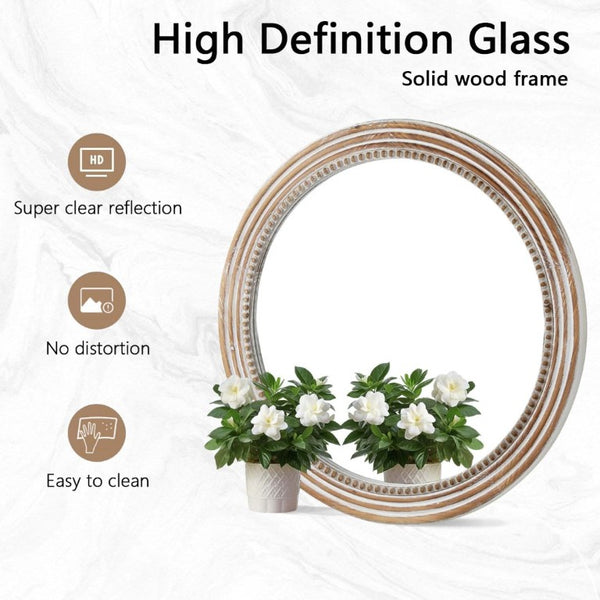 English Elm 27.56 Inch Round Wood Beaded Frame Wall Mirror Rustic Farmhouse Accent for Any Room Antique White W2295P517403