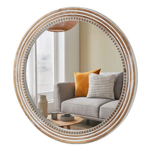 English Elm 27.56 Inch Round Wood Beaded Frame Wall Mirror Rustic Farmhouse Accent for Any Room Antique White W2295P517403