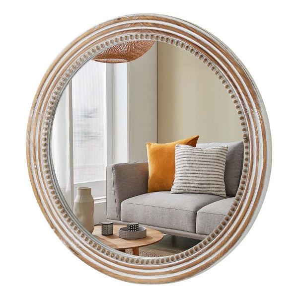 English Elm 27.56 Inch Round Wood Beaded Frame Wall Mirror Rustic Farmhouse Accent for Any Room Antique White W2295P517403