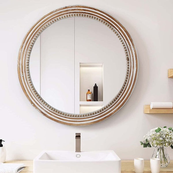 English Elm 27.56 Inch Round Wood Beaded Frame Wall Mirror Rustic Farmhouse Accent for Any Room Antique White W2295P517403
