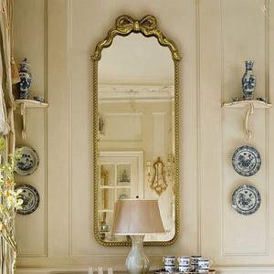 English Elm Gold Ornate Iron Wall Mirror Full Length Baroque Bow Frame for Bedroom Entryway W2295P530236