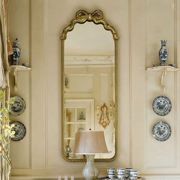 English Elm Gold Ornate Iron Wall Mirror Full Length Baroque Bow Frame for Bedroom Entryway W2295P530236