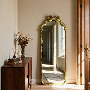 English Elm Gold Ornate Iron Wall Mirror Full Length Baroque Bow Frame for Bedroom Entryway W2295P530236