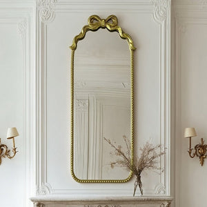 English Elm Gold Ornate Iron Wall Mirror Full Length Baroque Bow Frame for Bedroom Entryway W2295P530236
