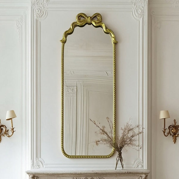 English Elm Gold Ornate Iron Wall Mirror Full Length Baroque Bow Frame for Bedroom Entryway W2295P530236