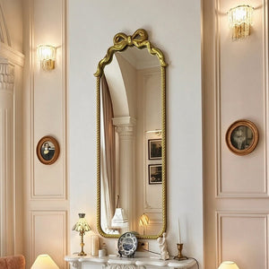 English Elm Gold Ornate Iron Wall Mirror Full Length Baroque Bow Frame for Bedroom Entryway W2295P530236