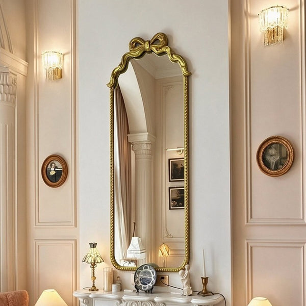 English Elm Gold Ornate Iron Wall Mirror Full Length Baroque Bow Frame for Bedroom Entryway W2295P530236