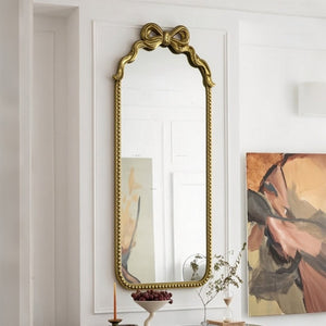 English Elm Gold Ornate Iron Wall Mirror Full Length Baroque Bow Frame for Bedroom Entryway W2295P530236