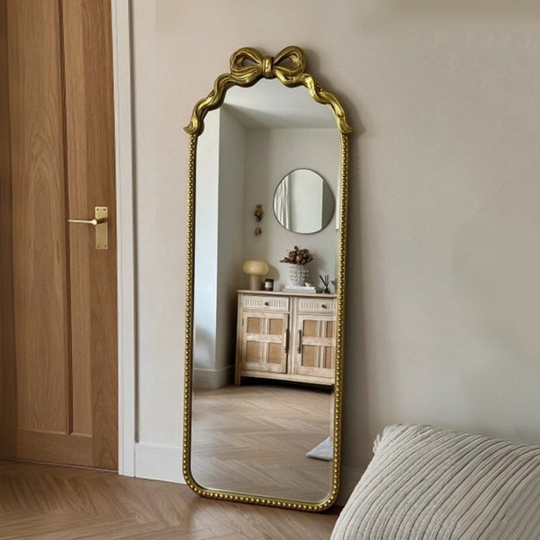English Elm Gold Ornate Iron Wall Mirror Full Length Baroque Bow Frame for Bedroom Entryway W2295P530236
