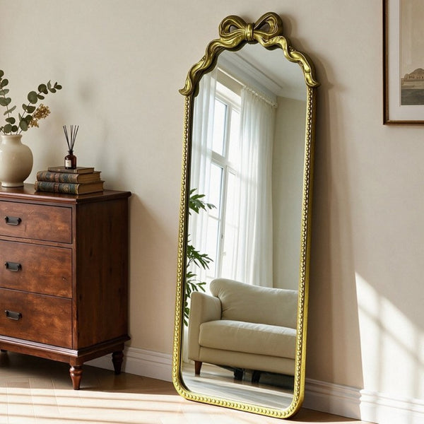 English Elm Gold Ornate Iron Wall Mirror Full Length Baroque Bow Frame for Bedroom Entryway W2295P530236