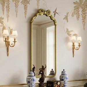 English Elm Gold Ornate Iron Wall Mirror Full Length Baroque Bow Frame for Bedroom Entryway W2295P530236