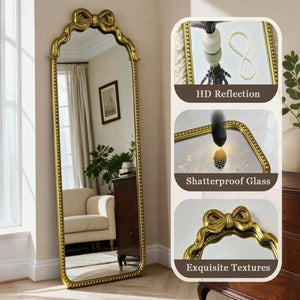 English Elm Gold Ornate Iron Wall Mirror Full Length Baroque Bow Frame for Bedroom Entryway W2295P530236