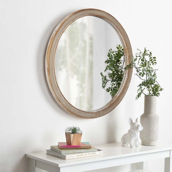 English Elm Round Rattan Textured Wall Mirror Large Boho Wood Frame for Bathroom Living Room W2295P547583