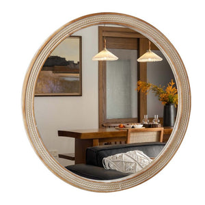 English Elm Round Rattan Textured Wall Mirror Large Boho Wood Frame for Bathroom Living Room W2295P547583