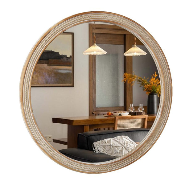 English Elm Round Rattan Textured Wall Mirror Large Boho Wood Frame for Bathroom Living Room W2295P547583