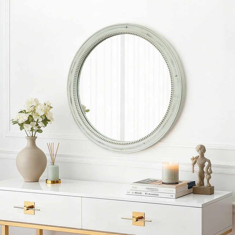 English Elm Round Beaded Distressed White Wood Wall Mirror Shabby Chic Farmhouse Bedroom Accent W2295P566221