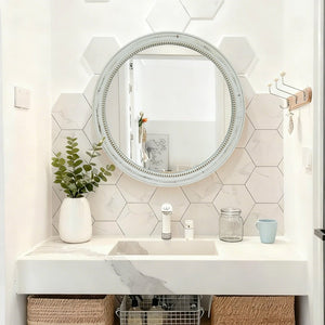 English Elm Round Beaded Distressed Wood Wall Mirror Farmhouse Weathered Finish for Bedroom Bath W2295P566232