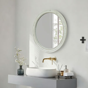 English Elm Round Beaded Distressed Wood Wall Mirror Farmhouse Weathered Finish for Bedroom Bath W2295P566232