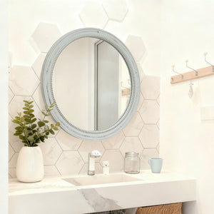 English Elm Round Beaded Distressed Wood Wall Mirror Farmhouse Weathered Finish for Bedroom Bath W2295P566232