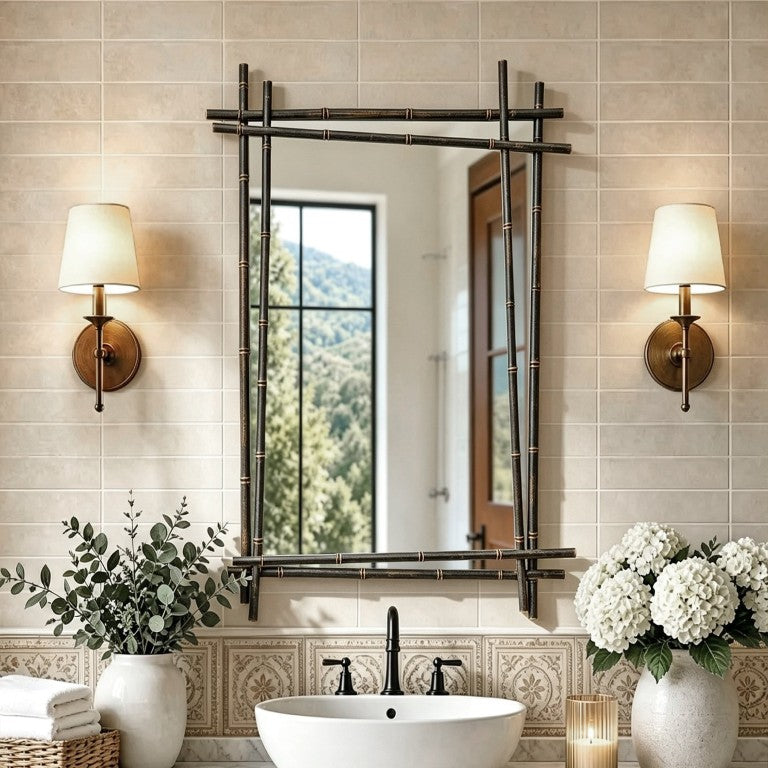 English Elm Metal Faux Bamboo Frame Rectangular Wall Mirror Iron Art Glam Decor for Any Room Black W2295P582569