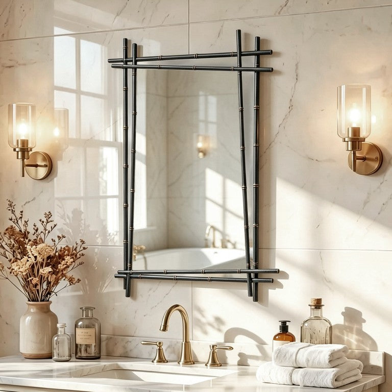 English Elm Metal Faux Bamboo Frame Rectangular Wall Mirror Iron Art Glam Decor for Any Room Black W2295P582569