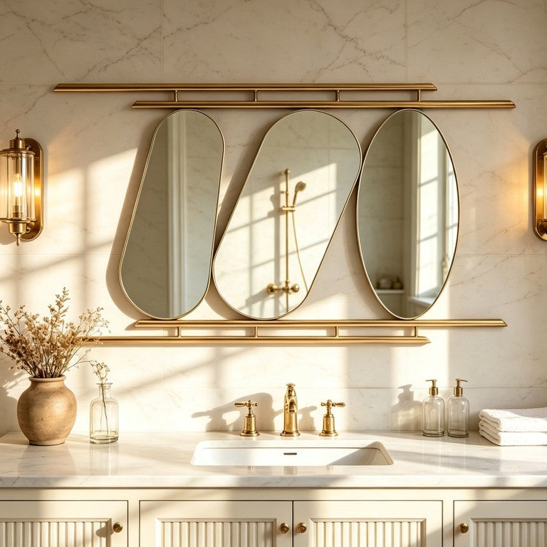 English Elm Metal Sculptural Three Oval Panel Wall Mirror Abstract Iron Frame Entryway Accent Gold W2295P582572