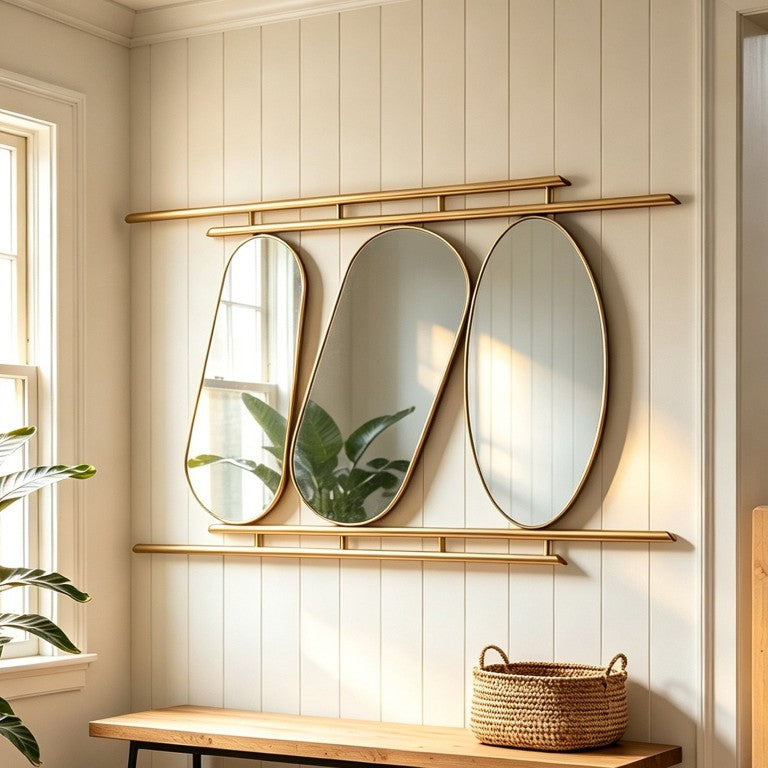 English Elm Metal Sculptural Three Oval Panel Wall Mirror Abstract Iron Frame Entryway Accent Gold W2295P582572