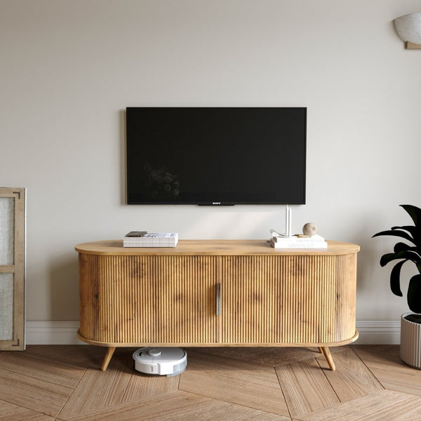 English Elm Dfw Fluted Oak Media Console with Built-in Power Outlet and Seven Storage Compartments W2301P496295